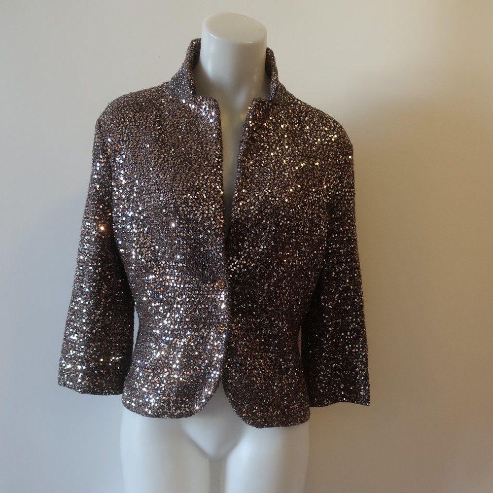 *Womens Lisli Metallic Gold Sequined Knit Jacket Blazer 12
